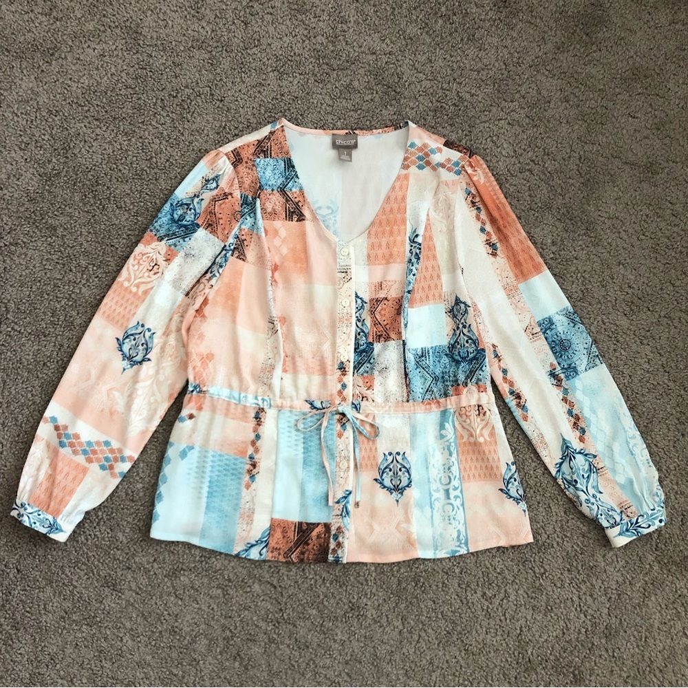 Chico’s Floral Button Cinched Tie Waist Blouse Size 1 (M/8)